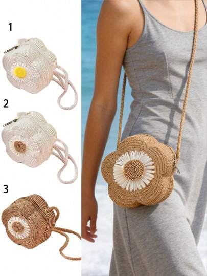 Flower Woven Bag,Hand-Woven Mini Crossbody Bag,With Raffia Sunflower Design,Zipper Closure, Portable Key Purse, Straw Tote Bags,Beach Tote Bag,Mini Straw Crossbody Bag,Summer Beach Shoulder Bag, Women'S Cute Handbag & Coin Purse-Playful Accessory,Durable Zipper Closure, Perfect For Beach,Travel,Vacation, And Daily Commute, Everyday Tote Bag,Suitable For Girlfriend, Mother'S Day,Birthday, Anniversary Gift