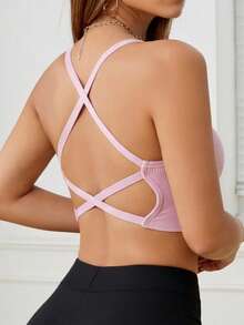 Seamless Knitted Ribbed Sexy Wireless Bra For Women, Criss-Cross Strap Backless Sports Bra - Dusty Pink - View 9