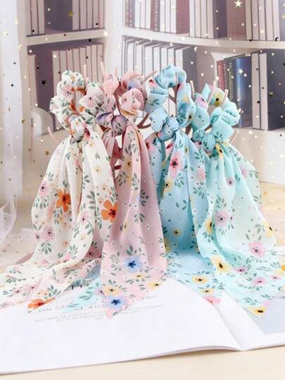 1pc Floral Chiffon Hair Tie For Women, Thin Lightweight Hair Tie Ribbon Bow Scrunchie, Minimalist Elegant Design For Summer