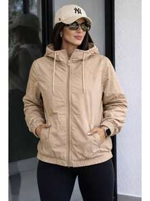 Women's Waterproof Windbreaker Jacket, Lined, Casual, Fabric, Zipper, Nightwear, Airport Travel, Autumn/Winter - 米色 - 查看 1
