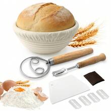 全套面包制作工具：圆形/椭圆形天然藤条发酵篮套装，适合家庭和专业烘焙师，包含酸面团发酵剂、面包制作用品和工具、面包发酵篮。 - - - 查看 6