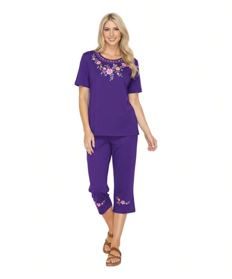 Women Short Sleeves Embroidered Cotton Blend Lounge Wear  Sets - Purple - View 1
