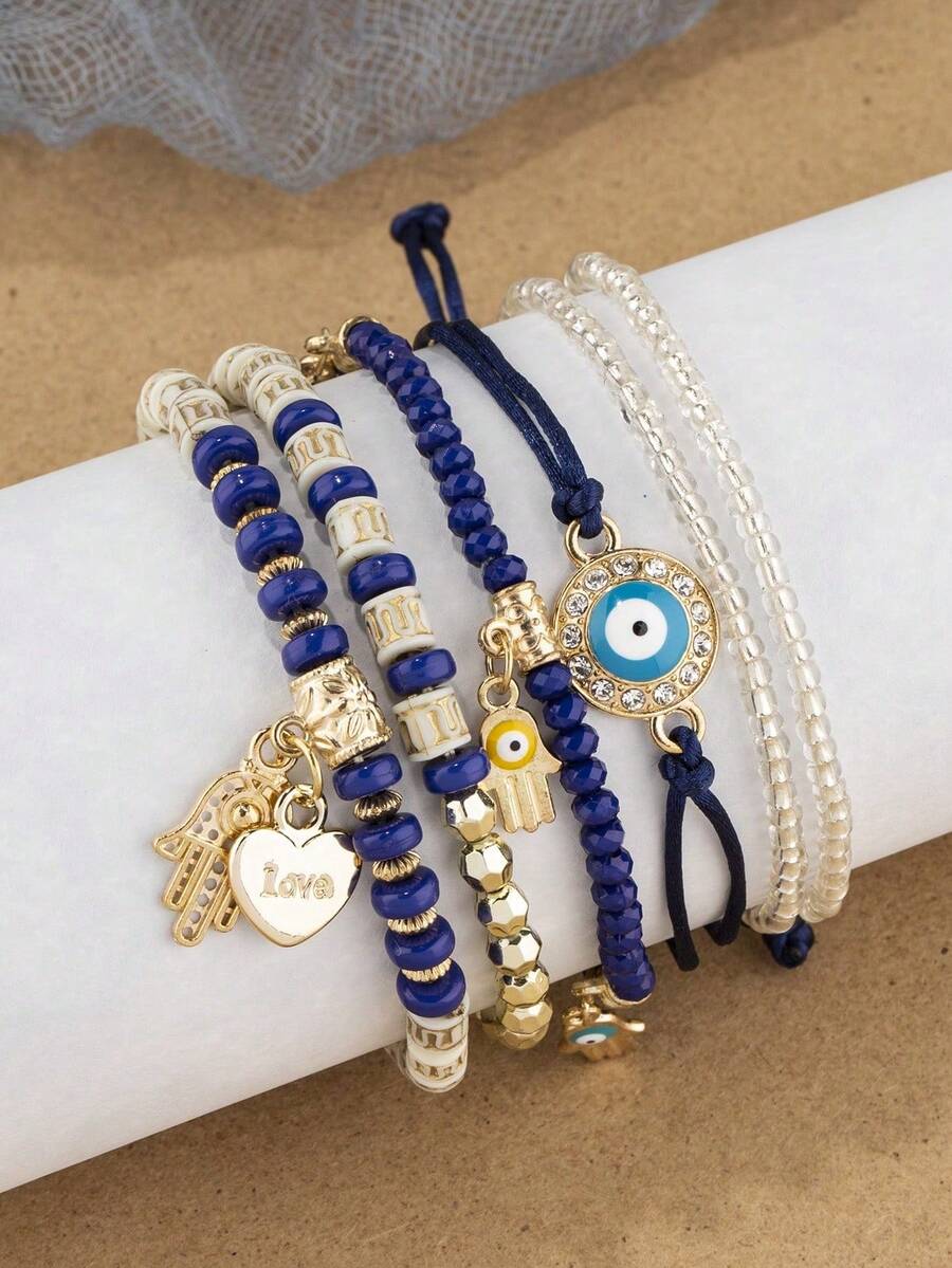 6 buah Gelang Mata Jahat Vintage untuk Wanita, Cocok untuk Liburan (Bahan dan Jumlah Manik Mungkin Sedikit Berbeda) - Royal Blue - View 1