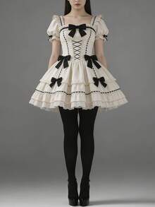 一双经典洛丽塔风格黑色缎面哑光女士连裤袜，天鹅绒底袜，显瘦效果极佳，甜美女孩的完美之选。每位女士的必备单品。 - 黑色 - 查看 5