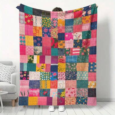 1pc Vibrant Patchwork Pattern Flannel Blanket - Soft & Cozy Throw With Floral & Geometric Designs, Suitable For Bed, Sofa, Office, Camping - Medieval Style, Comfortable For All Seasons