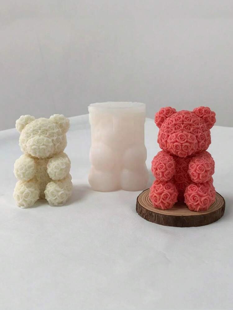 1个玫瑰花和泰迪熊硅胶蜡烛模具，DIY可重复使用石膏扩散器模具，用于制作蜡烛、家居装饰、复活节装饰 - A-白色 - 查看 3