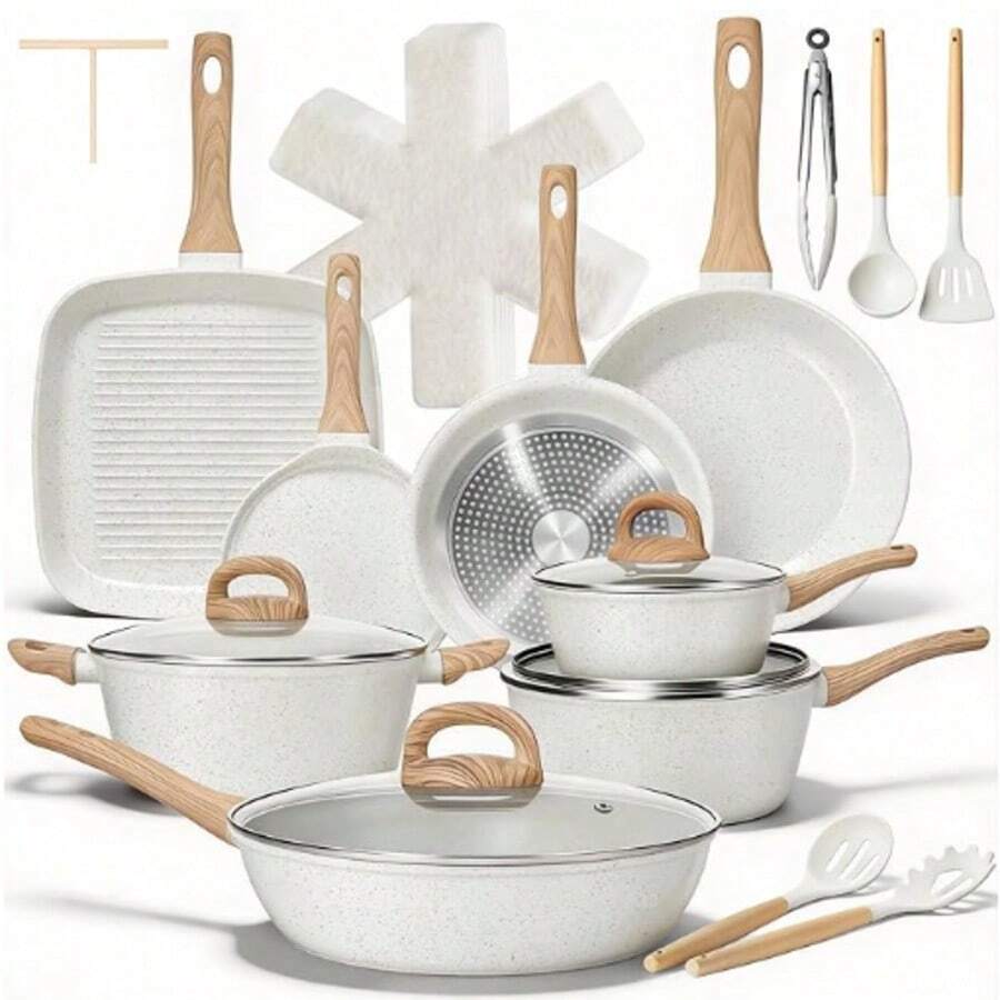 Kitchen 25 Pcs Pots And Pans Set, Nonstick Ceramic Cookware Sets, Healthy, Large Capacity, Induction Compatible, Cooking Set With Frying Pans Saucepans, PFAS/PTFE/PFOA, Classic Black - trắng - Xem 1