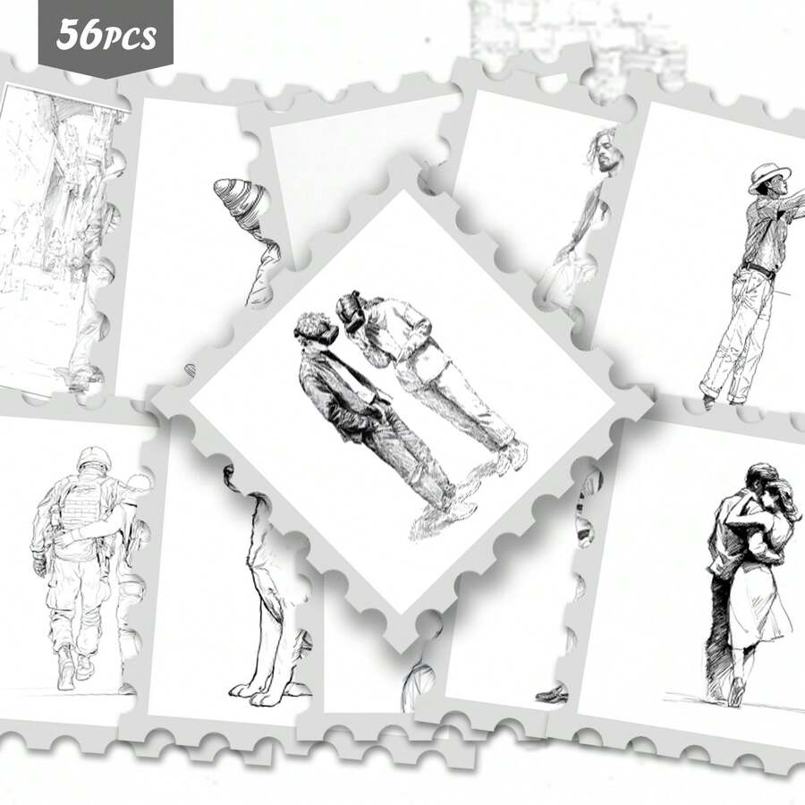 56件藝術素描角色貼紙包 | 時尚且鮮活的角色生活圖案乙烯貼紙 | 適用於手機、行李箱和裝飾 | 完美適合粉絲和創意愛好者 - 方形 - 查看 1