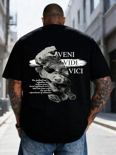 AnChiStreetwear - Plus Size Men's Fashion Cyberpunk Style Classic Sculpture Slogan English Graphic Print Casual Short Sleeve T-Shirt, Belonging To Streetwear, Highstreet Or Cyberpunk Style, Suitable For Those Pursuing Individuality And Strength