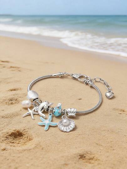 1条可爱小丑鱼、海星、扇贝串珠手链，海洋元素DIY手链，适合女性日常、休闲、派对、海滩穿着