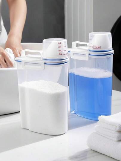 Hộp đựng bột giặt, hộp đựng nước giặt, hũ đựng có cốc đong, hộp đựng dung tích lớn, hộp đựng đồ dùng vệ sinh, đồ dùng thiết yếu gia đình, thích hợp cho phòng giặt, phòng tắm, nhà vệ sinh, phụ kiện phòng tắm.