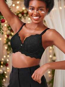 女士蕾丝性感钢圈内衣，提拉塑形，舒适贴身，节日礼物 - 黑色 - 查看 8