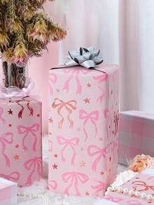 3pcs Foil Bowknot Gift Wrapping Bags - Pink & Gold Glitter Bow And Plaid Design With Heart Cutout | Elegant Girly Gift Packaging For Birthday, Baby Shower, Wedding, Valentine's Day | 19.69 X 27.56 Inches - Multicolor - View 3