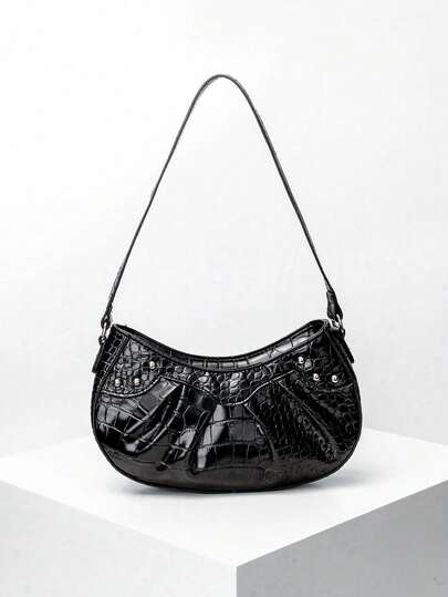 1pc Girls' Crocodile Grain Minimalist Underarm One Shoulder Baguette Bag, Rivet Fashion Shoulder Bag, Coin Purse, Suitable For Daily Use, Ideal Gift Choice