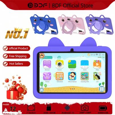  4GB RAM+64GB ROM/7-Inch Children's Tablet/4-Core 1.3GHz/Android 13 MTK8321/1280x800 IPS High-Definition Resolution IPS Screen/2MP+5MP Camera/4000mAh Large Battery/Supports WiFi Parental Control Educational Games/Uses ABS Plastic+Silicone BDF C1 Children's Education Tablet (Including: Packaging Box/Data Cable/Manual/OTG/Card Needle)