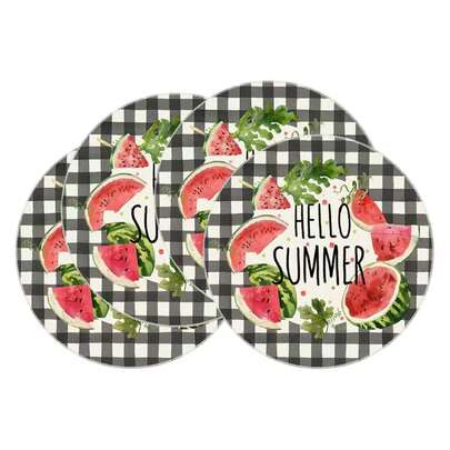 1pc/Set, Watermelon, Black Plaid, Summer Linen Round Placemat, 35cm Round, Seasonal Kitchen & Dining Table Decor, Summer Home Decor, For Party, Gathering, Family Meal