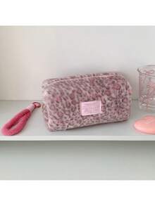 1 PC Girl Leopard Pattern Plush Handheld Makeup Bag, Student Handheld Bag, Portable Skincare Products, Toiletry And Storage Bag - Multicolor - View 13