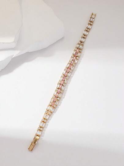 1pc Luxury Elegant Glamorous Sparkling Pink Zirconia Oval, Rectangle, Round Women/Girls Fashion Elegant Chain Bracelet, Suitable For Wedding Season And Eid