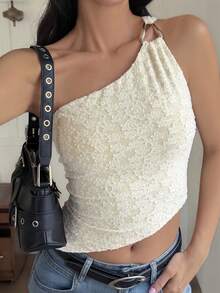 女士无袖露背短款上衣，梭织面料，常规长度，可爱休闲夏季款式 - 杏色 - 查看 7