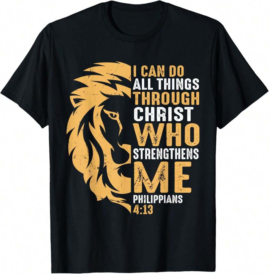 Christian I Can Do All Things Through Christ Lion Faith T-Shirt - Negro - Ver 1