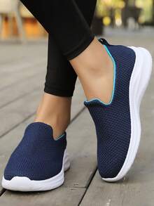 女士透气针织运动鞋，轻便低帮套脚鞋，女士休闲步行鞋 - 藍色 - 查看 3