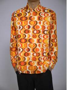 Men's 70s Disco Party Long Sleeve Shirt, Vibrant Geometric Circle Digital Print - Retro Hippie Bohemian Style Design, Suitable For Casual Gatherings, Halloween, Music Festivals, Fashion Occasions, Holiday Outfits | Vibrant Pattern | Spring/Autumn Casual Wear - Multicolor - View 2
