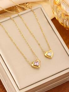 不锈钢心形水钻项链，适合节日和派对佩戴 - 金色 - 查看 1