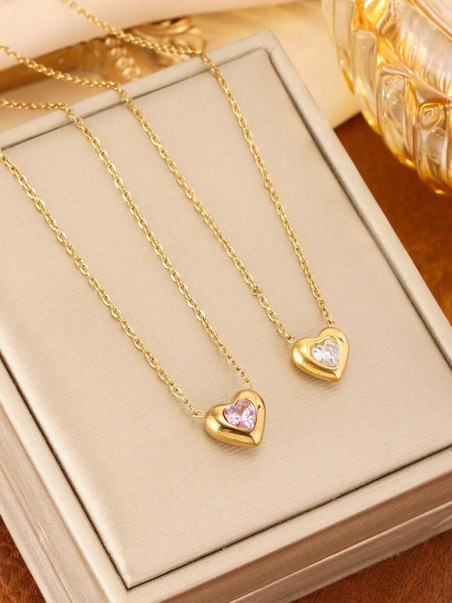 不锈钢心形水钻项链，适合节日和派对佩戴 - 金色 - 查看 1