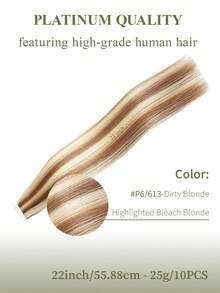 DNE HAIR 10件組 100% 真人髮 無縫隱形接髮片，14-22英吋長，#P6/613 淺棕色挑染金髮 直髮，絲滑無縫，頂級品質，髮尾厚實，適合細髮，適合女性日常使用與美髮沙龍 - S6/613 - 查看 12