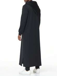 Muslim Men's Hooded Sweatshirt With Zipper Chest, Side Pockets, And Contrast Hem Split Design, Modern Islamic Men's Clothing Kamis Robe - Black - View 6