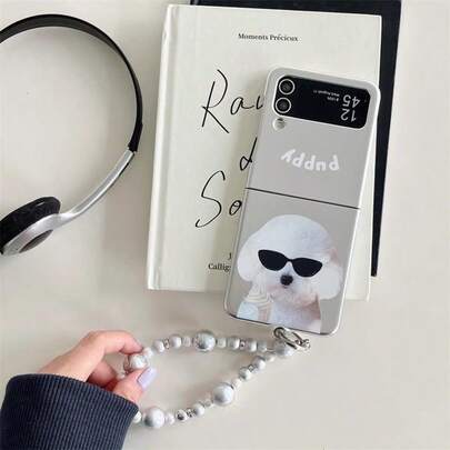 Fashion Glasses Dog Elegant Foldable Phone Case With Chain, Suitable For Samsung Galaxy Z Flip3 5G/Galaxy Z Flip 4 5G/Galaxy Z Flip 5 5G/Galaxy Z Flip 6 5G, Cute Cartoon Design For Women