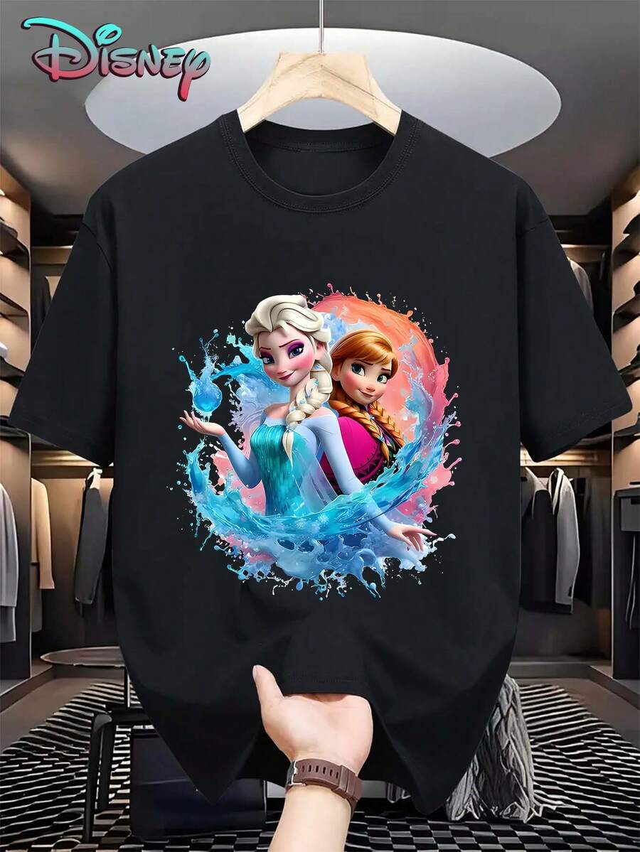 Women Disney Frozen Elsa And Anna Print Round Neck Short Sleeve Cotton T-Shirt Casual Regular Fit Top - 黑色 - 查看 1