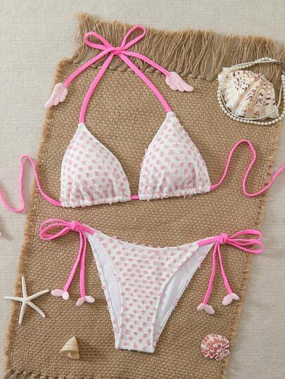 New Knitted Jacquard Special Fabric Polka Dot Cute Sexy Drawstring Party, Photo Shoot, Casual, Vacation, Date, Beach Vacation Halter Bikini Set, Suitable For All Seasons