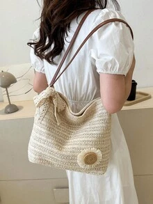 1个米色大容量编织手提包，雏菊蕾丝蝴蝶结单肩包，波西米亚风格，适合夏季海滩、度假、日常通勤。 - 咖啡 - 查看 8