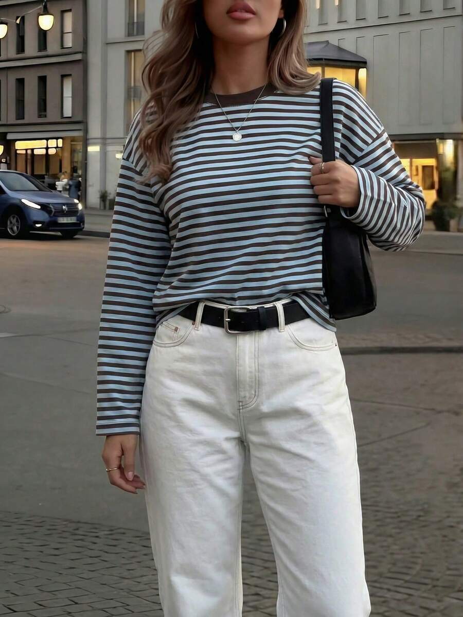 Blue & Brown Striped Long Sleeve T-Shirt, Loose & Comfortable, Suitable For Daily Wear And Commuting, Slimming And Versatile Casual Spring - Blue-brown - View 1