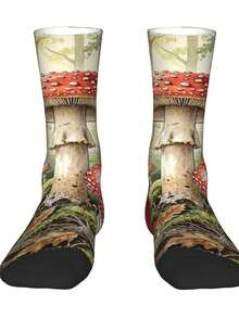 Cross Stitch Mushroom Snail Forest Pattern Novelty Crew Socks - White - View 3
