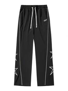 男士都市街头风运动裤 - 撞色条纹+星形刺绣设计 - 黑色 - 查看 3