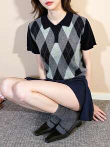 Alicedudu 女士优雅简约菱形图案翻领短袖针织上衣，夏季 - 灰色 - 查看 4