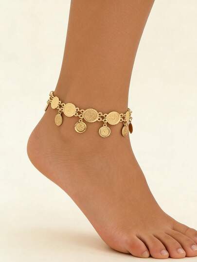 1pc Vintage Coin Tassel Embossed Anklet, Retro Style Women's Party Gift