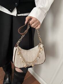 Fashionable Shell Pearl Straw Underarm Bag, Casual Versatile Commuter Bag, Unique High-End Shoulder Bag - White - View 4