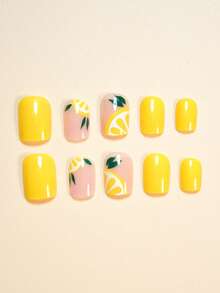 用24片装短方形按压式假指甲升级你的造型！柔和的黄色、白色的柠檬片、清新的绿色叶子、裸粉色、优雅的暖黄色、可爱的浅粉色，全覆盖式假指甲套装，适合女性和女孩。套装包含1张粘合贴片和1个迷你指甲锉，以及果冻凝胶。随机发货。 - 黃色 - 查看 3