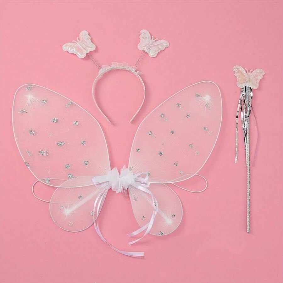 3 piezas de decoración de alas de flor coloridas, que incluyen alas, diadema y varita de hada; adecuadas para fiestas, festivales y juegos de roles de alas de mariposa, utilizadas para la decoración de diversas fiestas y como accesorios de escenario. - Blanco - Ver 1