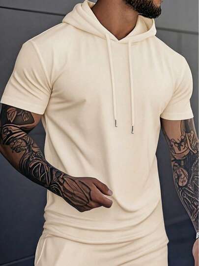 夏季新款高品质短袖连帽T恤，弹力修身休闲通勤运动轻薄套头衫，男士