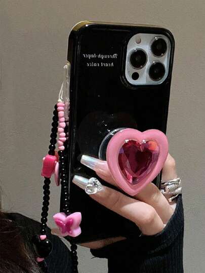 Pink Black Heart Element Crystal Beaded Phone Lanyard Personalized Keychain Fashionable Multipurpose Korean Style Bag Charm Spring Gift