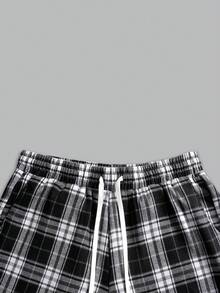 男士黑白格子抽绳腰休闲短裤，夏季 - 黑色 - 查看 6