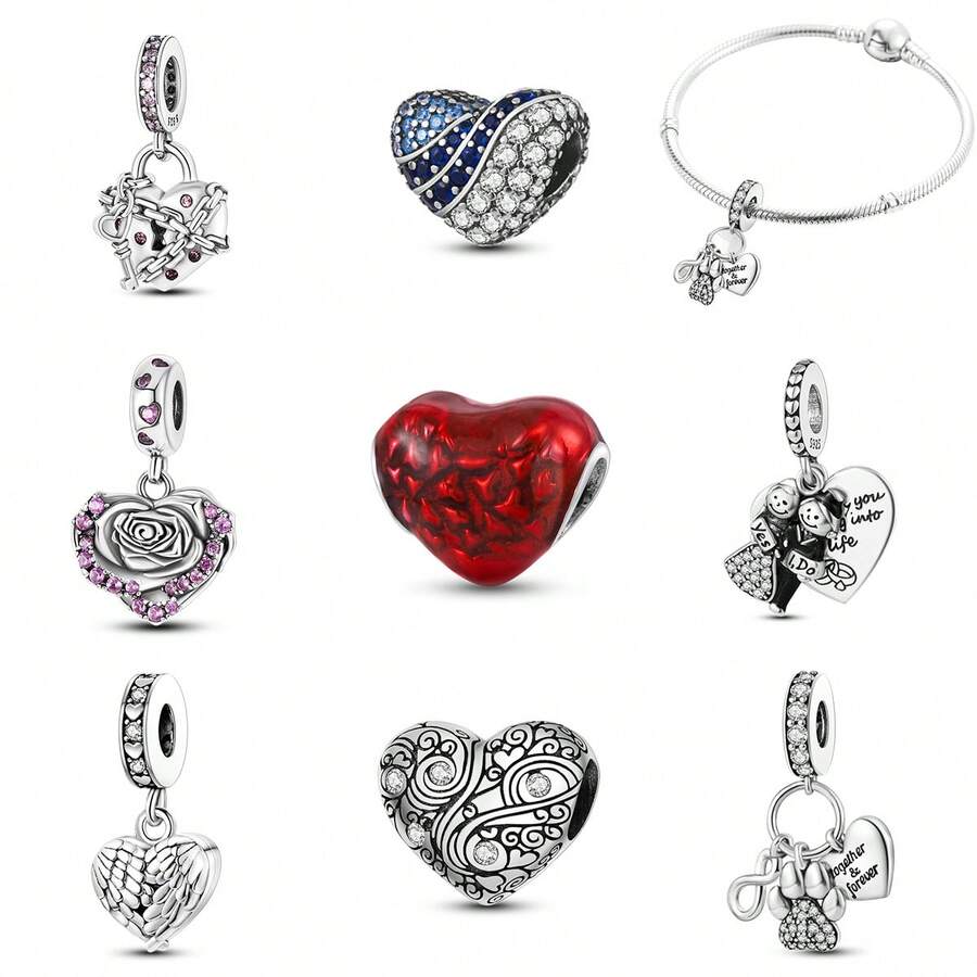 1 件装时尚心形闪亮珠子吊坠，镀银，适合手链项链 DIY 节日礼物 - 彩色 - 查看 1