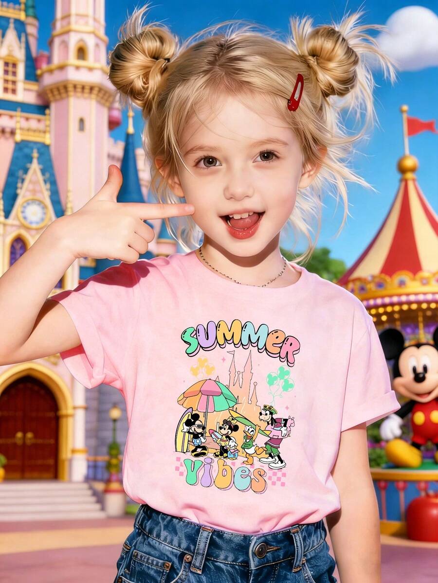 Disney Summer Vibes Mickey Mouse And Friends 100% Pure Cotton Casual T-Shirt For Kids ,  Perfect For Both Boys And Girls, Ideal As A Birthday Gift. Suitable For Outdoor Activities And Summer Travel Wear. - 粉色 - 查看 1