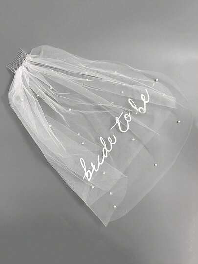 1pc Bridal Veil For Bachelorette Party | Embroidered Double-Layer White Lettered Veil With Comb Photo Accessories, Romantic Style