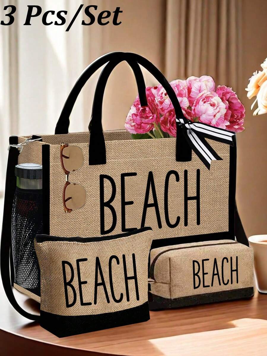 Bộ 3 túi in chữ "BEACH", túi tote vải lanh đơn giản. Túi mua sắm, túi đựng mỹ phẩm, ví, túi quà tặng tái sử dụng, dung tích lớn với dây đeo vai điều chỉnh được và túi bên hông, hoàn hảo cho du lịch nghỉ dưỡng (màu kaki), túi đi làm hàng ngày, thích hợp sử dụng hàng ngày, sinh nhật, ngày lễ, tựu trường, kỳ nghỉ, bãi biển, du lịch, đi làm, công tác, sinh viên, dã ngoại, cắm trại, siêu thị, đựng đồ hàng ngày, Ngày của Mẹ, Ngày Nhà giáo và kỷ niệm. - Nhiều màu - Xem 1