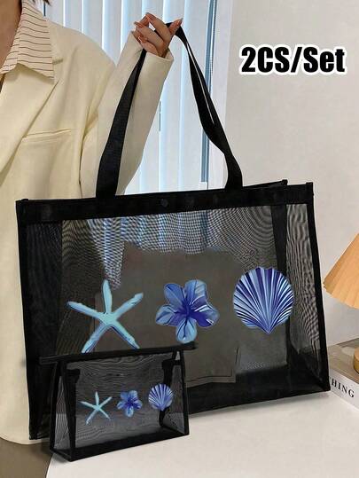 2 Pieces Large-Capacity Mesh Bag Set Features Starfish And Hibiscus Flower Patterns. It Includes Mesh Beach Bags, Tote Bags, Mesh Cosmetic Bags, Foldable Large-Capacity Swimming Beach Bags, Waterproof And Sandproof Designs, And Letter-Decorated Mesh Beach Tote Bags For Women. It's A Personalized Gift Bag, Perfect For Mother's Day, Birthdays, Teacher's Day, Or Back-To-School Gifts For Girlfriends, Wives, And Mothers.